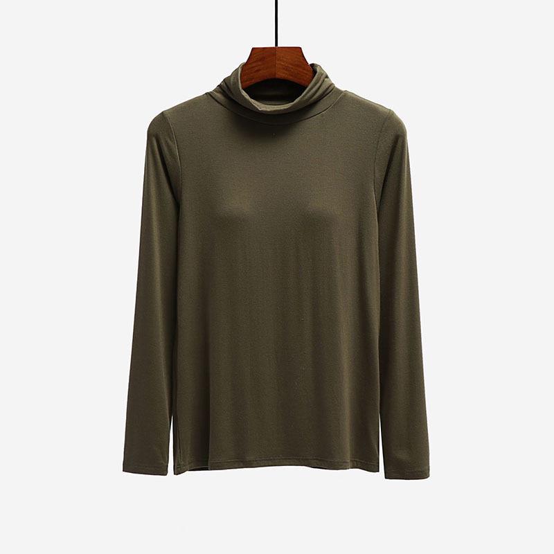 Damska wyściełana koszulka modalowa z wysokim dekoltem i długim rękawem z wbudowanym biustonoszem