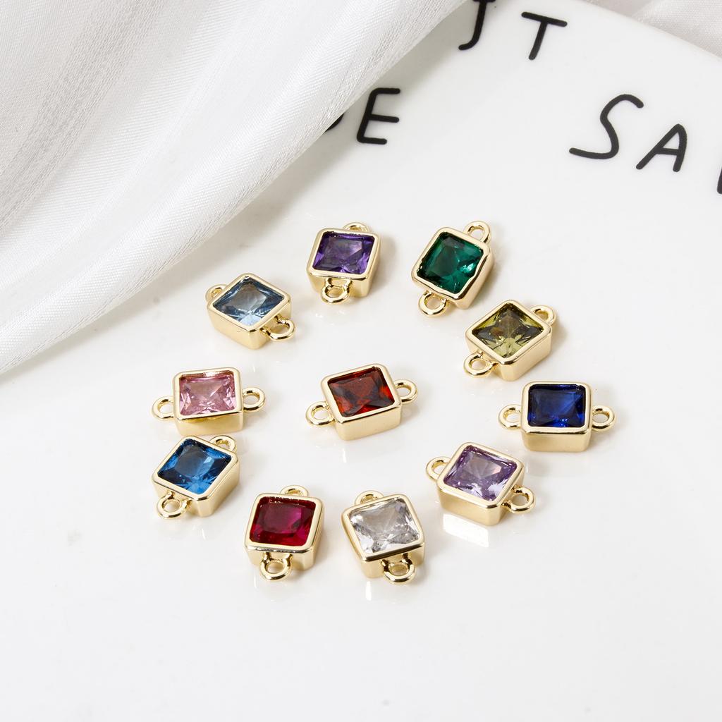2 PCs Brass Birthstone Connectors Charms Pendants 18K Real Gold Plated Square For Bracelet Necklace DIY Jewelry Making12mm X 7mm