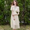 Bailuyu V-Neck Puff Sleeve Slim Fit Long Dress with Beaded Belt