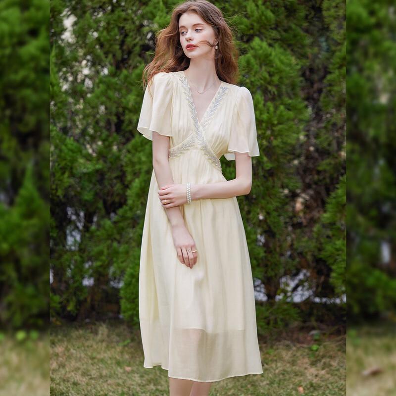 Bailuyu V-Neck Puff Sleeve Slim Fit Long Dress with Beaded Belt