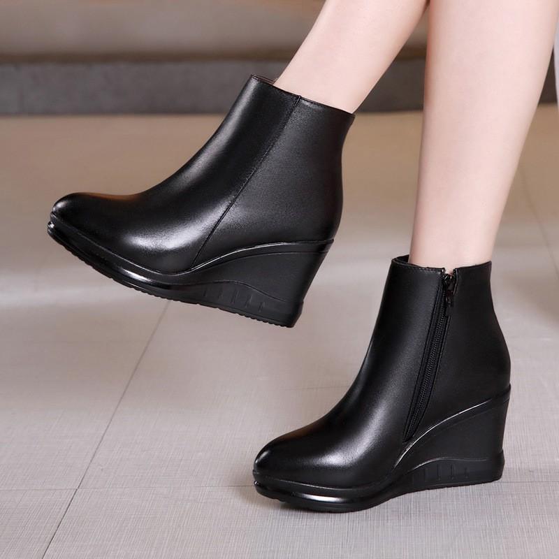 Womens Pointed Toe Wedge Heel Ankle Boots With Platform Warm Lining Size 40-43 Fall Winter