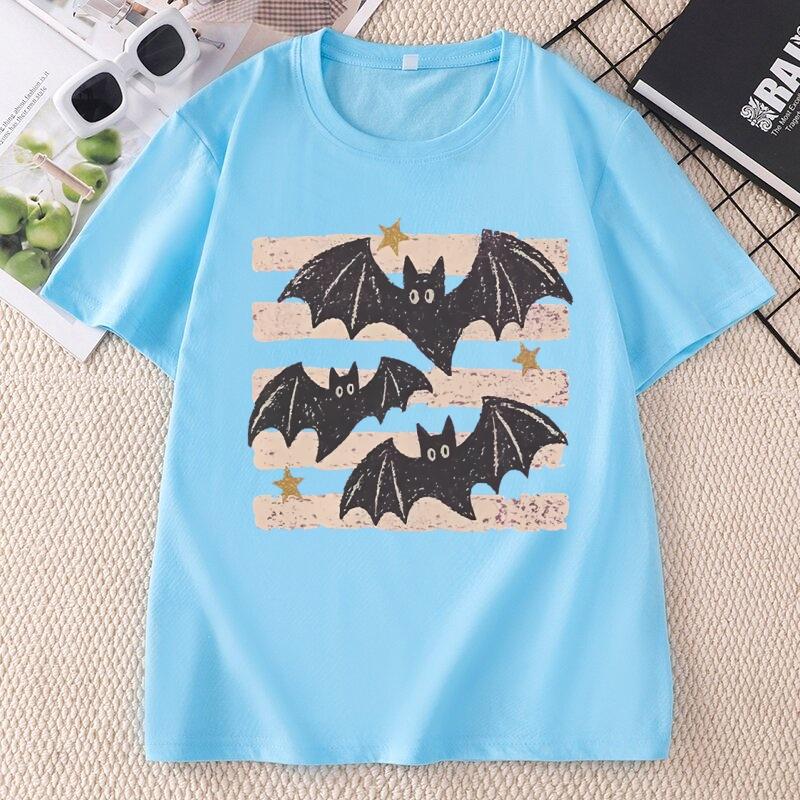 Vintage Bat Halloween TShirt Spooky Season Tee Fall Top Boho Witchy Goth Apparel T Shirts Casual Round Neck Printed Tshirts