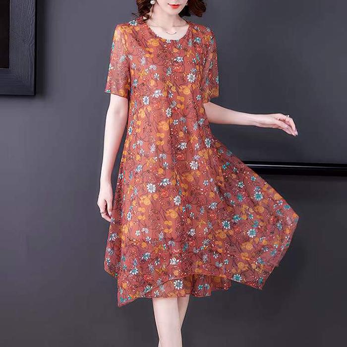 Damen Frühling Sommer Vintage Bestickt Große Größe Damen Locker Mesh Große Größe Kurzarm Kleid Bedrucktes Freizeitkleid