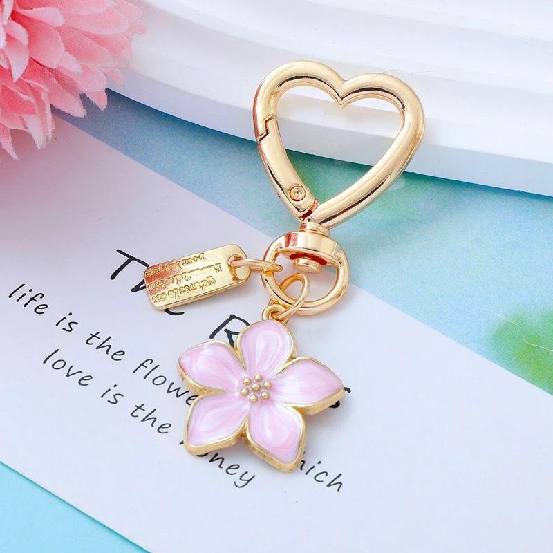 1PC Key Ring Friend Gifts Pendant Keychain Handbag Decor Heart-shaped Cute Metal Sakura Flower Cherry Blossom