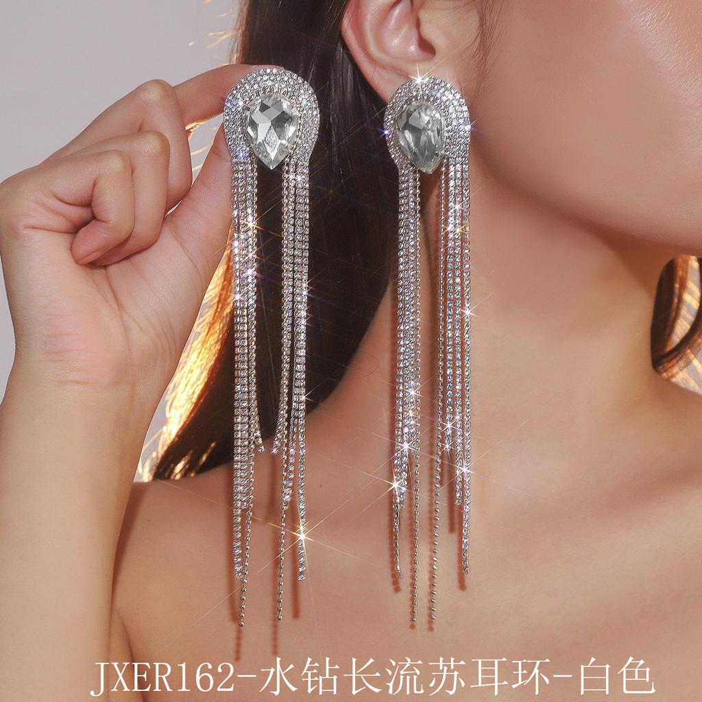 European and American Earrings Full of Diamonds and Long Fringed Crystal Earrings Women's Exaggerated Dinner Dress Banquet Earrings