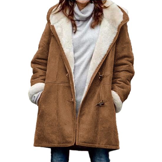 

Women s Sherpa Lined Hooded Coat Casual Long Sleeve Horn Button Fleece Jacket with Hood Thicken Winter Warm Outerwear with Pockets L