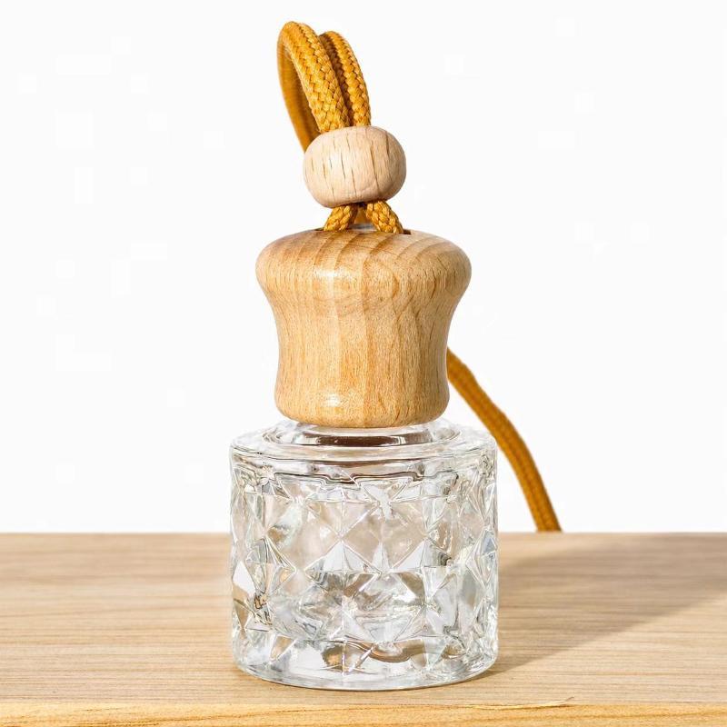 Empty Hanging Car Diffuser Bottles with Natural Wooden Lids Clear Glass Reusable for Homemade Car Air Fresheners