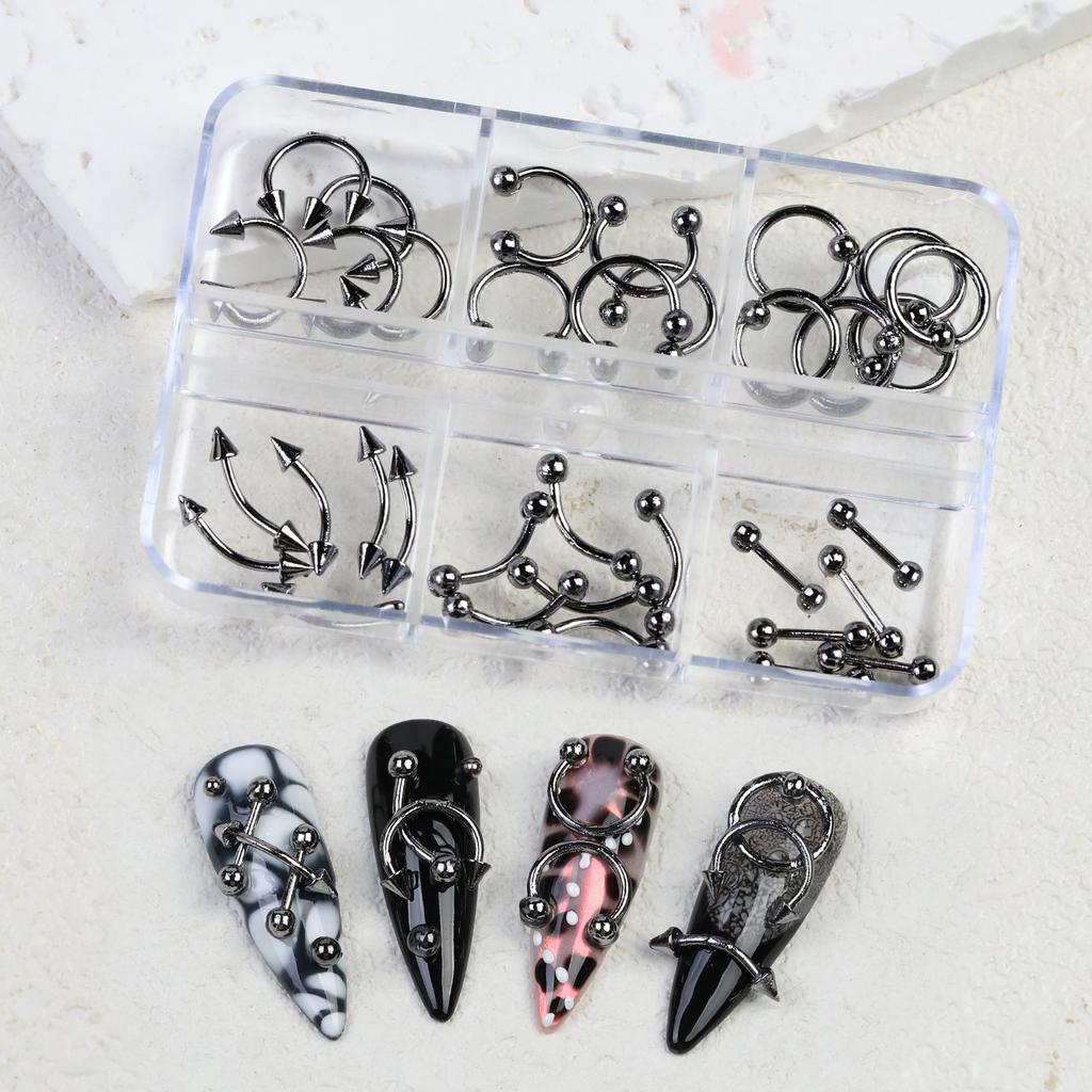 30pcs 6Grids Mixed Shaped Punk Arrow Nail Rivets Zinc Alloy Jewelry Y2k Nails Supplies DIY Nail Art Decoration Cool Style