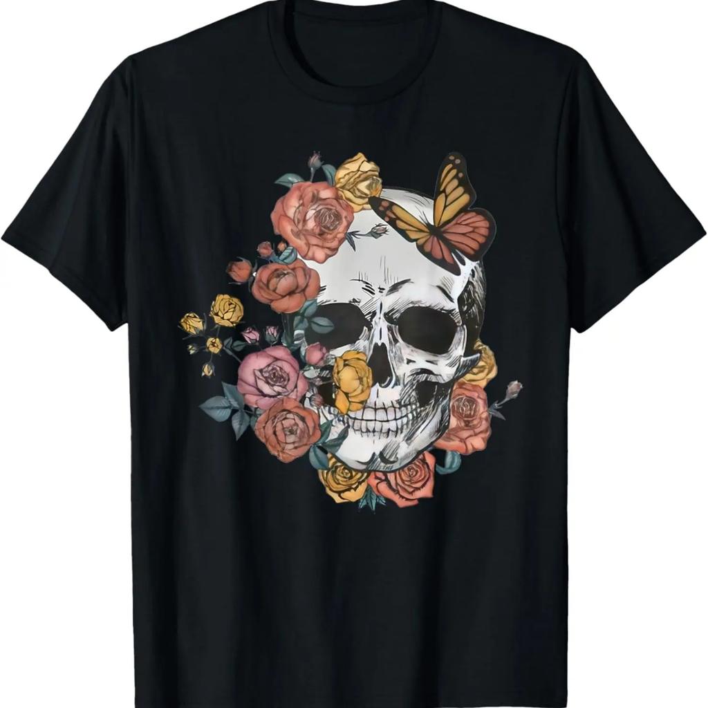 Flower Skull T-Shirt Sugar Roses for Women Girls Halloween T-Shirt