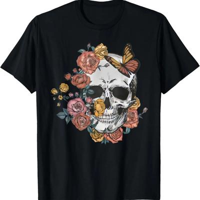 Blomma Dödskalle T-shirt Sockerrosor för Kvinnor Flickor Halloween T-shirt