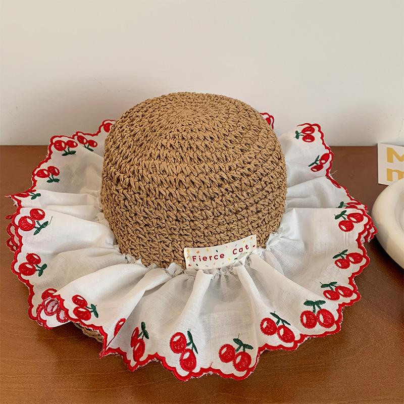 Sweet Hollow Seaside Vacation Straw Hat Women's Summer Sunscreen Straw Hat Big Brim Lace Sunshade Beach Parent-child Hat