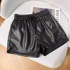 High-Waisted Black Leather Shorts with Fleece Lining and Drawstring Waist - 2025 Autumn/Winter Collection