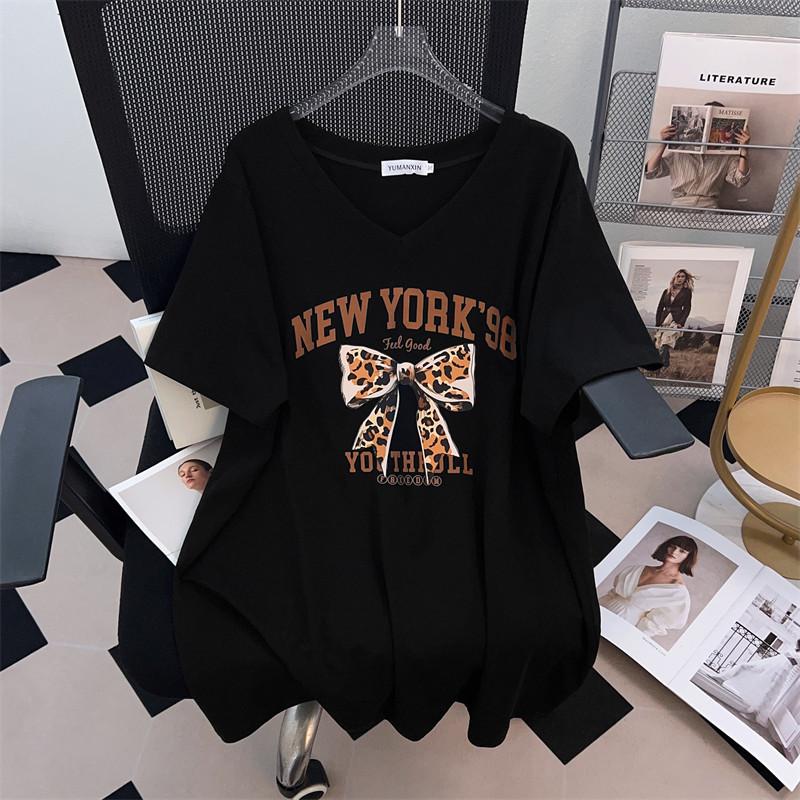 Plus Size V-Neck Slimming Short-Sleeve Mid-Length Women's T-Shirt (200/300/350 Jin)