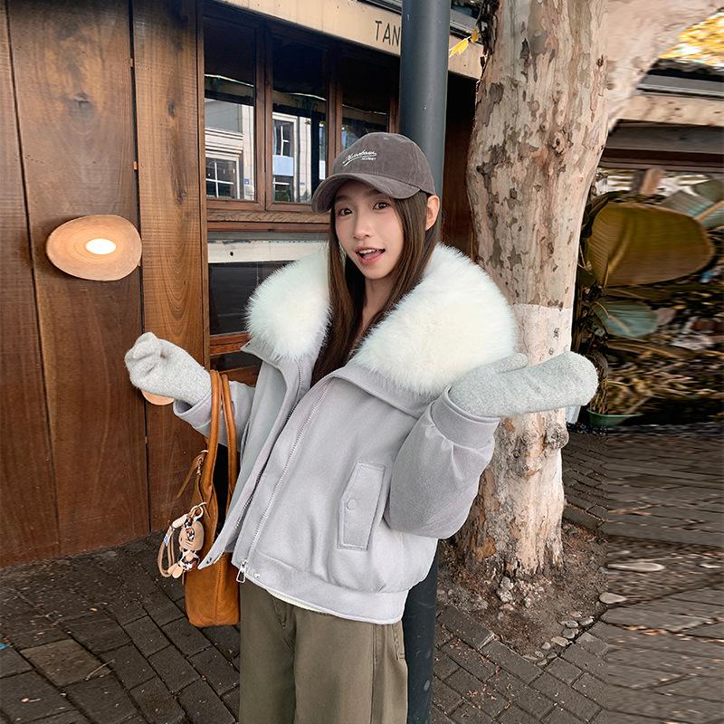 Women's Short Loose PU Winter Jacket Suede Bronzing Big Fur Collar