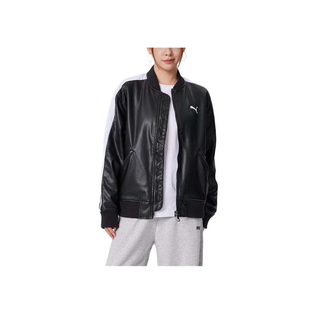 Puma T7 Kunstleder Bomberjacke mit Logo Lockerer Schnitt Retro Baseballkragen Reißverschluss Langarm Unisex Jacke 636319-01