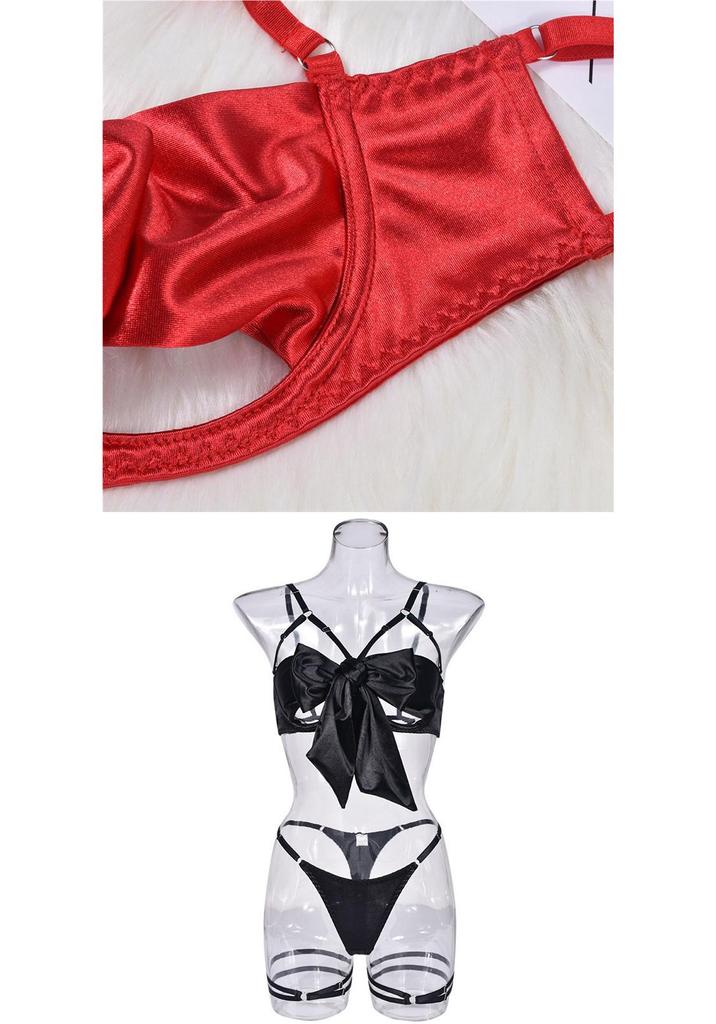 Elegant European & American Bow Hollow-Out Lingerie 3-Piece Underwire Set