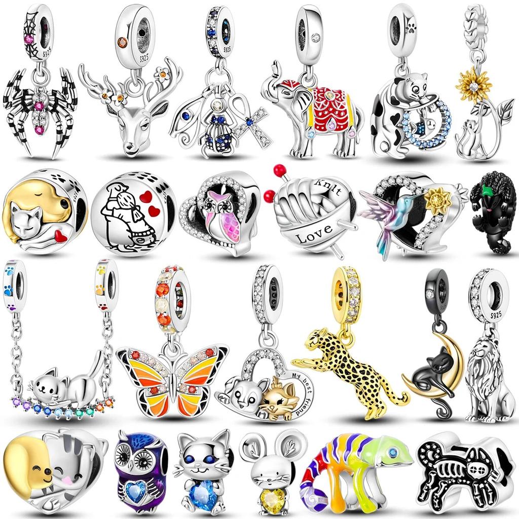 925 Sterling Silver Colorful Charms Beads Elk Elephant Scarab Cross Pet Cats Dogs Dangle Fit Original New Bracelet Jewelry