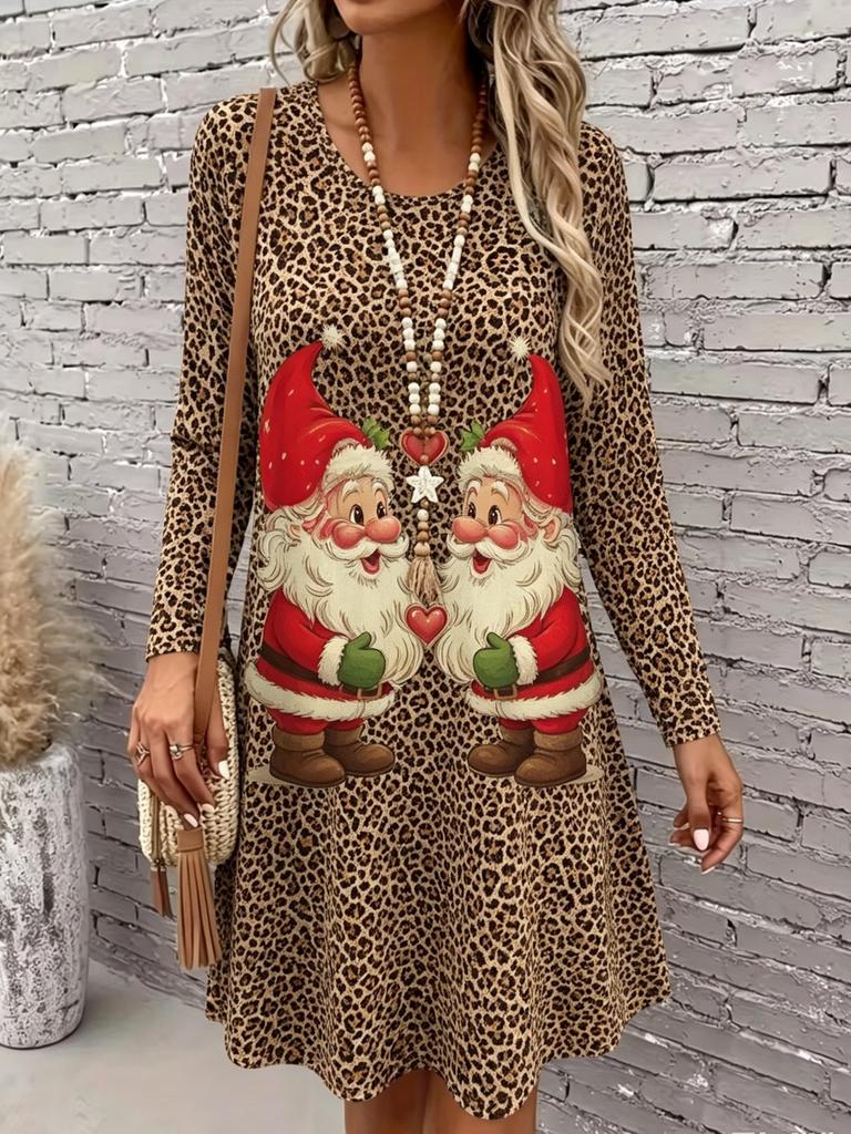 2026 Autumn/winter European and American Style Loose Casual Dress, 3D Leopard Print, Plus Size Dress