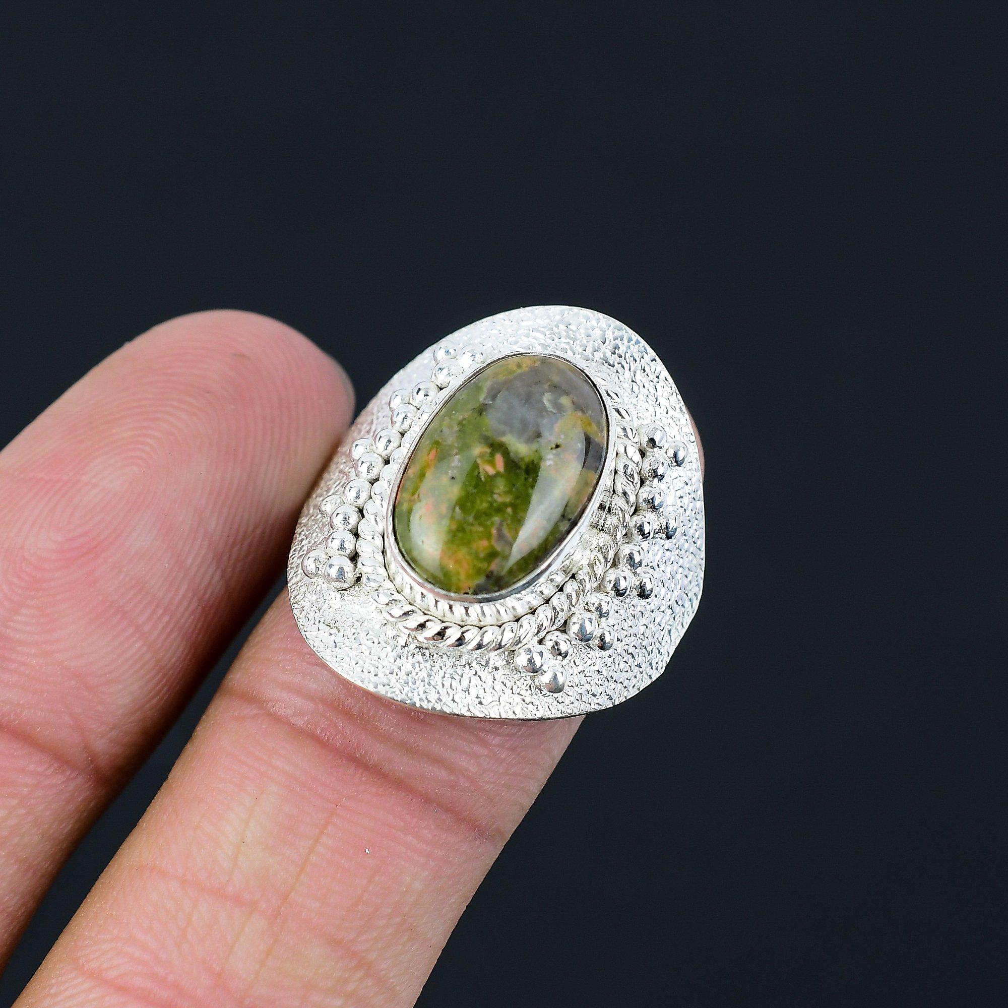 Heart Chakra Oval Natural Unakite 925 Silver Statement Mother Ring Jewelry US 8 8