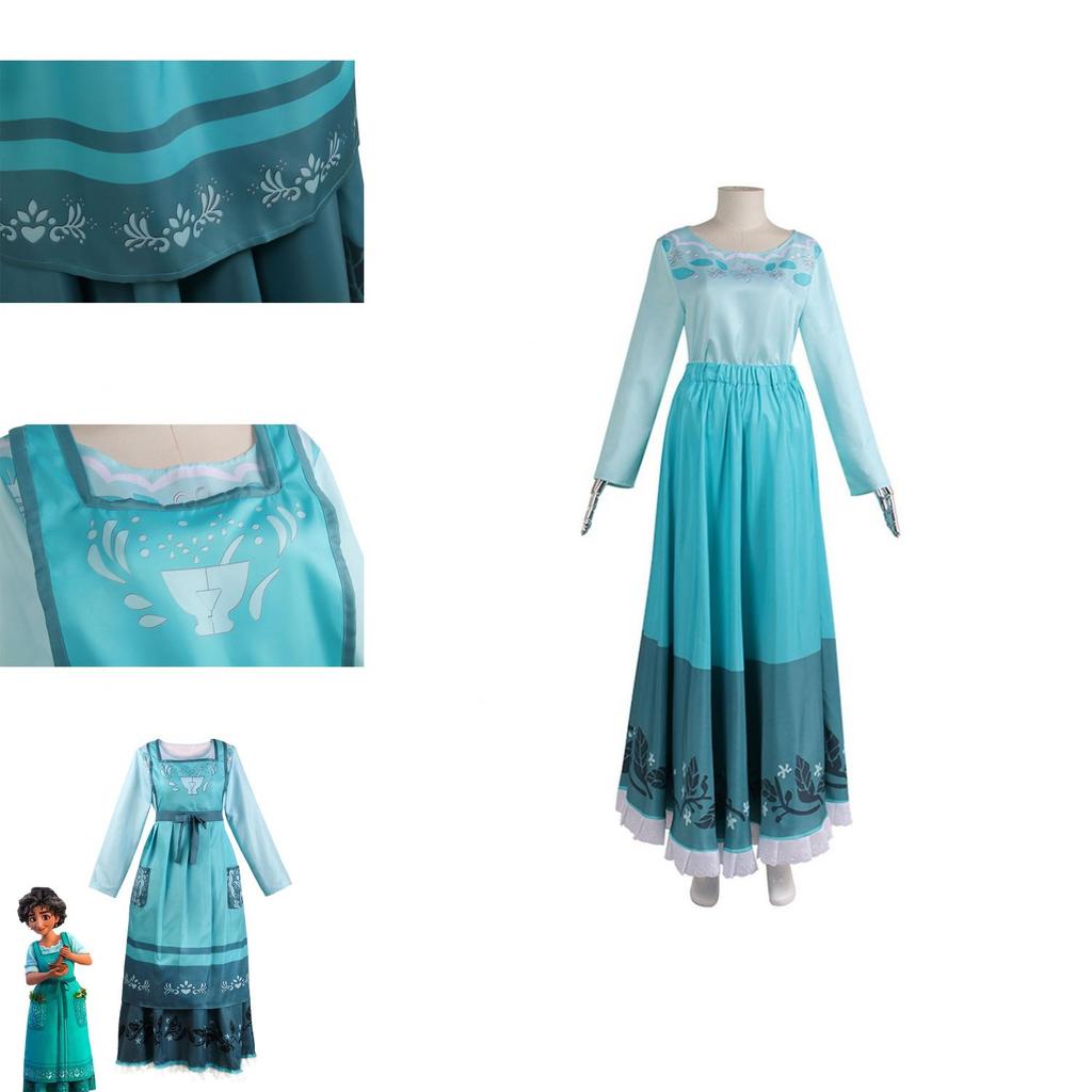 Encanto Julieta Madrigal Cosplay Dress Costume For Women Floral Print Round Neck Short Sleeve Midi Dress Full Suit Outfit