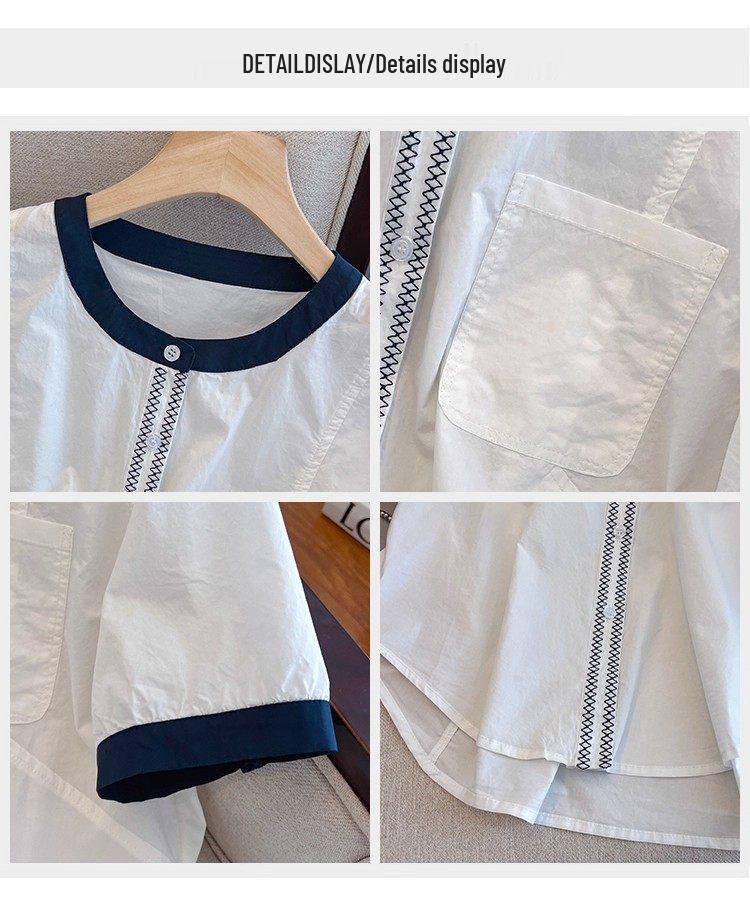 2026 Summer Korean High-End Color Block Loose Plus Size Cotton Short Sleeve Women's Shirt