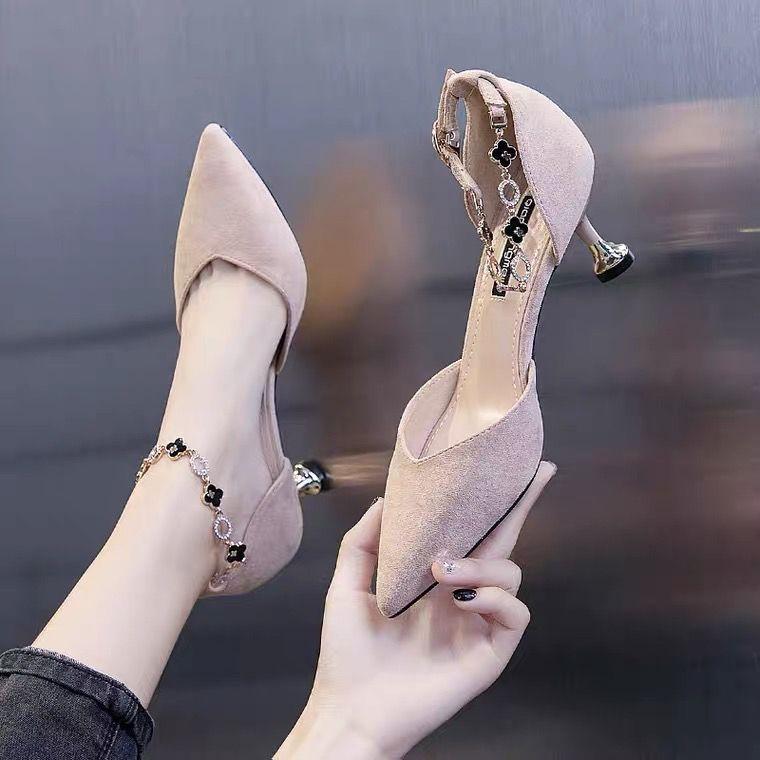 Autumn women's shoes new one-word buckle high heels thin heel versatile pointed head shallow mouth single shoes fairy fairy wind middle heel