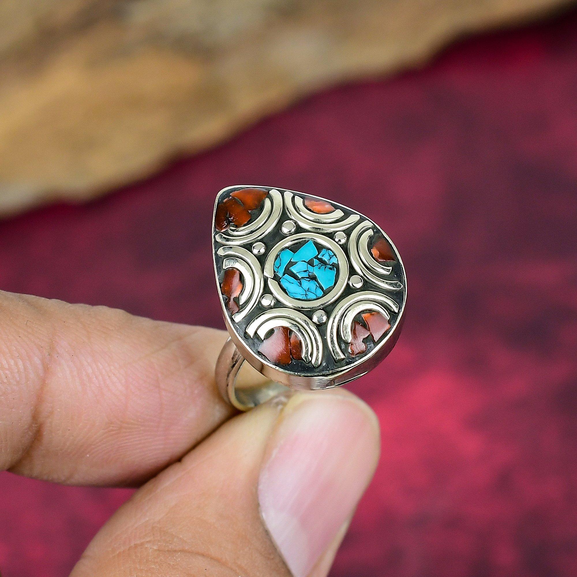 

Кольцо из цельного стерлингового серебра с бирюзовым и коралловым цветом, Непальское кольцо ручной работы с драгоценными камнями, Ювелирные изделия, Подарки для матери, Совершенно новое регулируемое кольцо