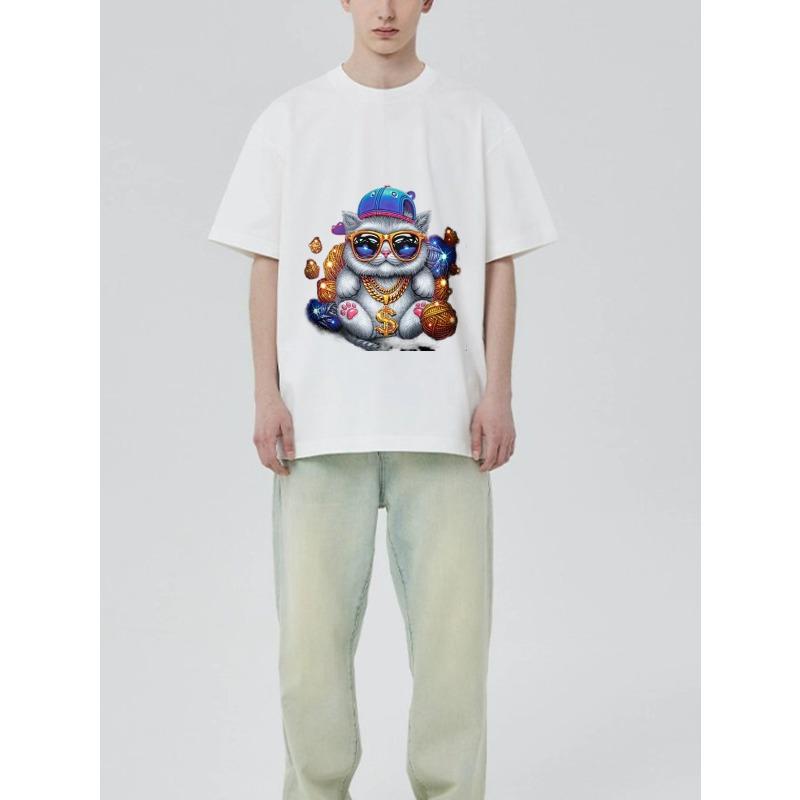 Crewneck T-Shirt Black Cat with Sunglasses and Gold Chain Print for Casual Wear