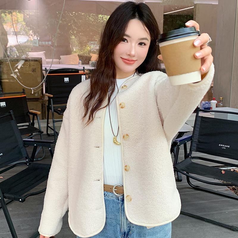 

Round Neck Imitation Cashmere Jacket for Women Autumn Winter New Polar Fleece Casual Cardigan Long-sleeved Loose Top M бежевий