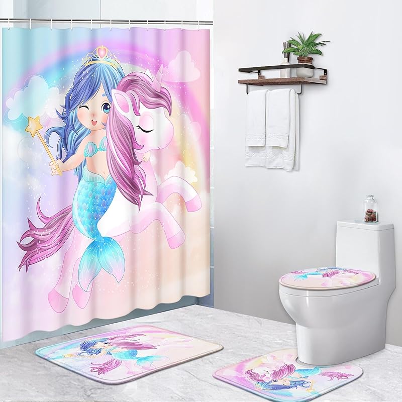 4 Pcs Shower Curtain Sets, Cute Unicorn Mermaid Cub Kids Rainbow Waterproof Bathroom Sets with Non-Slip Rugs, Toilet Lid Cover and Bath Mat,