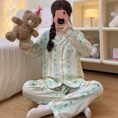 Höst Vinter Randig Blommönster Dam Pyjamas Harajuku Stil Söt Söt 2-delat Set Pyjamas Ny Knappdesign Pyjamas