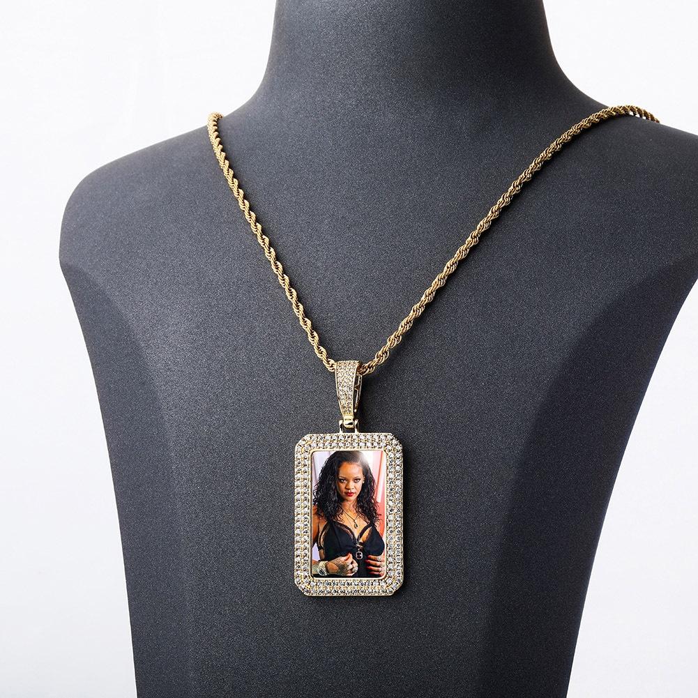 New One Custom Photo Square Medallion Pendant Iced Zircon Sublimation Hip Hop Fashion Jewelry Bling Charms Necklace-Gold Brass