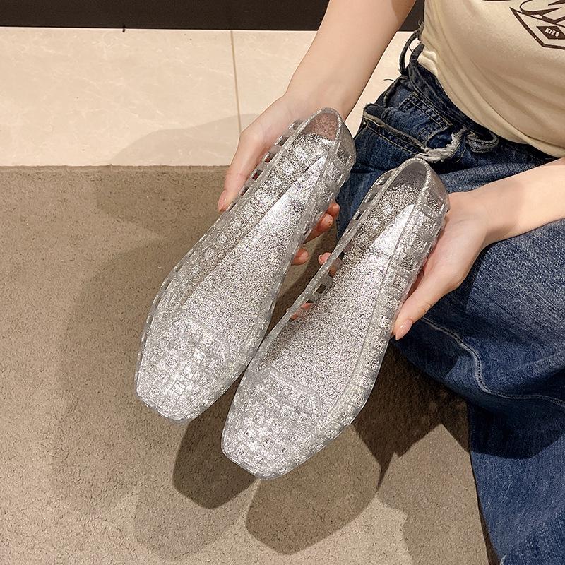 Korean-Style Low-Cut Crystal Flat Sandals & Slip-On Jelly Shoes with Square Toe