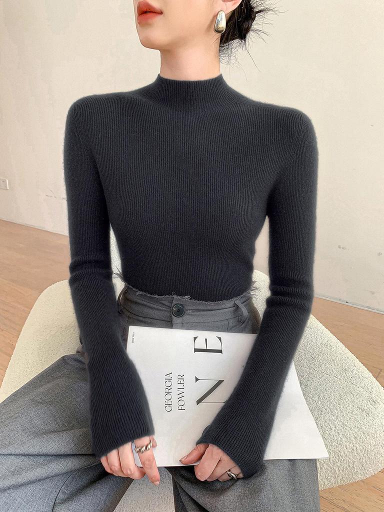 Women's Slim-Fit High-Neck Solid Color Casual Sweater