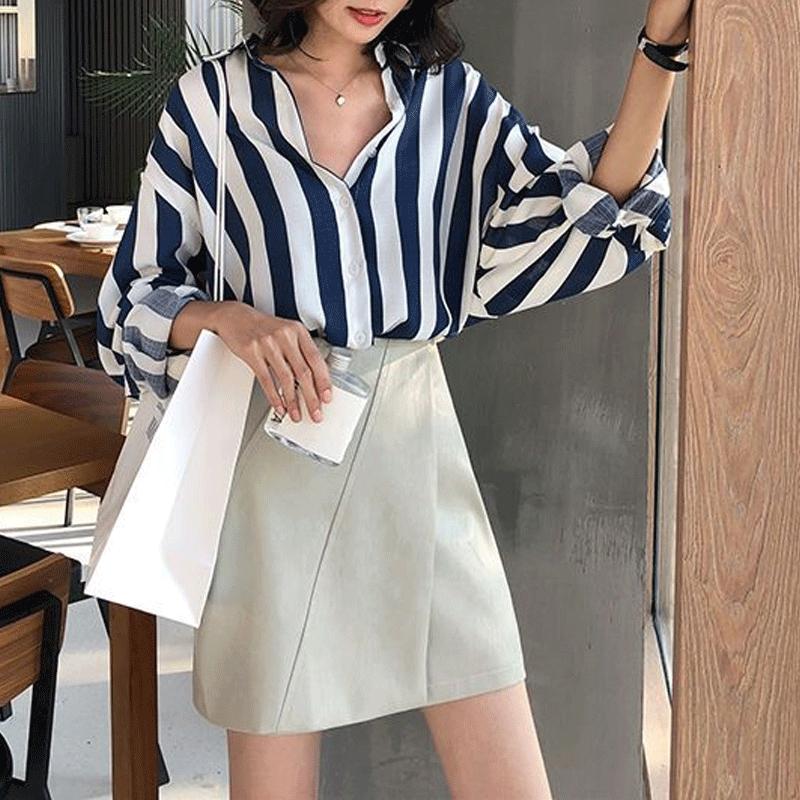 Spring Autumn Striped Printed Long Sleeve Shirt Women Loose Casual Blouse Female Elegant Fashion Buttuns Top