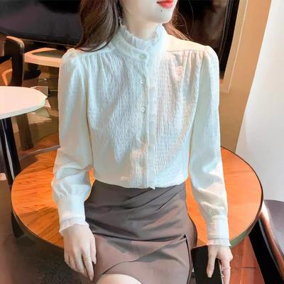 Women's Autumn and Winter Long-sleeved Bottom Shirt with A Stand-up Collar and Velvet Shirt with A Temperamental Palace Chiffon Top