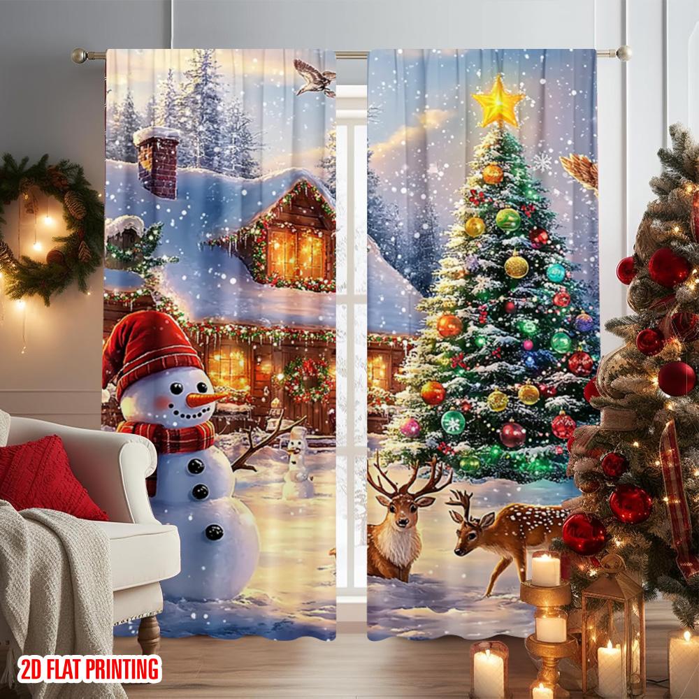 2pcs 2D Flat Printing Merry Christmas Window Drapes Christmas_ Fabric Without Electricity Versatile Perfect for Indoor
