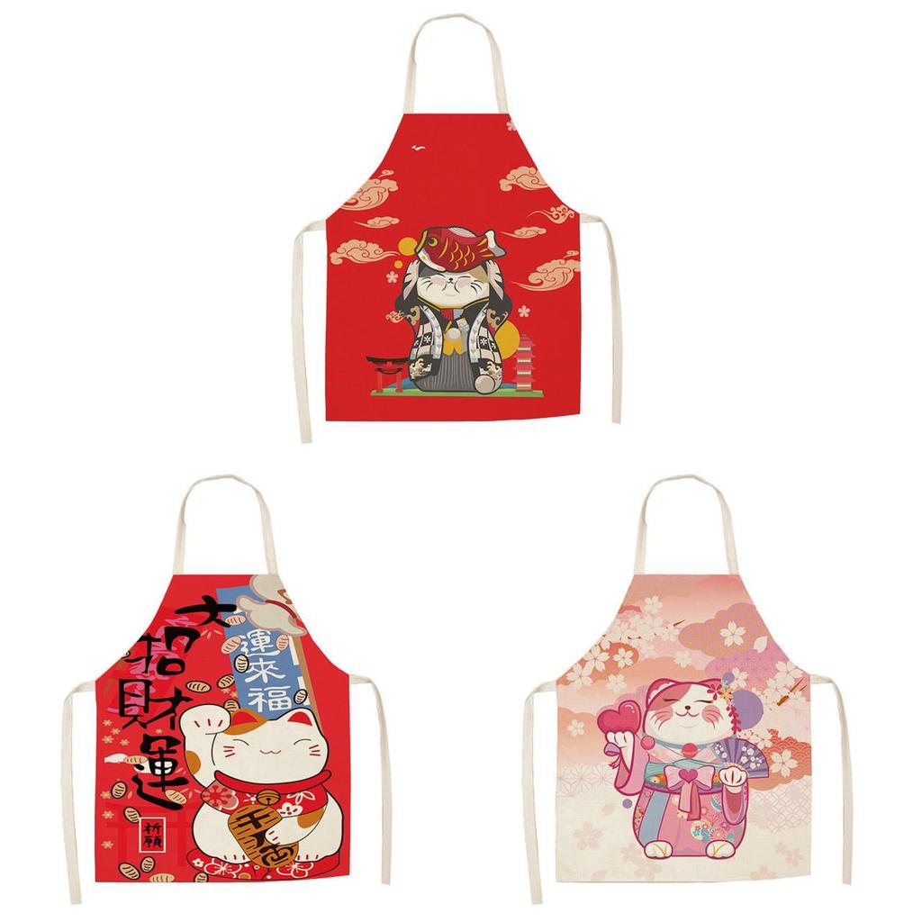 Japanese Lucky Cat Apron With Waterproof Linen Material For Kitchen Cooking And Baking