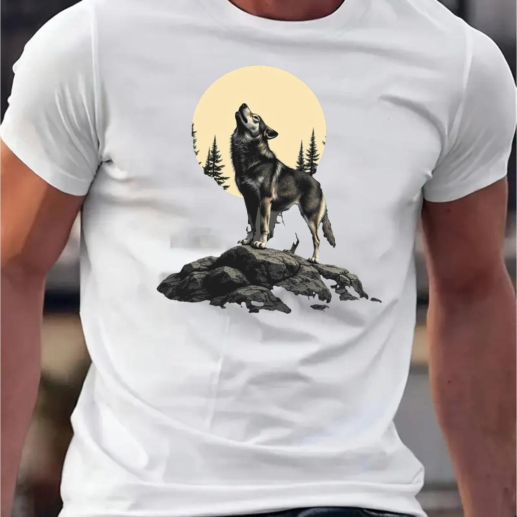 Men's Graphic T-Shirt Wolf Pine Tree Mountain Print Micro-Stretch Breathable Summer Casual Tee Men Clothing