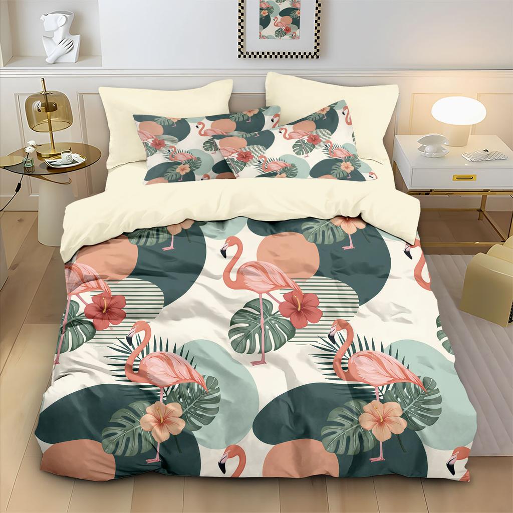3pcs Flamingo Forest Animal Print Coreless Duvet Set, Multi Size Bedroom Bedding Decoration, Machine Washable