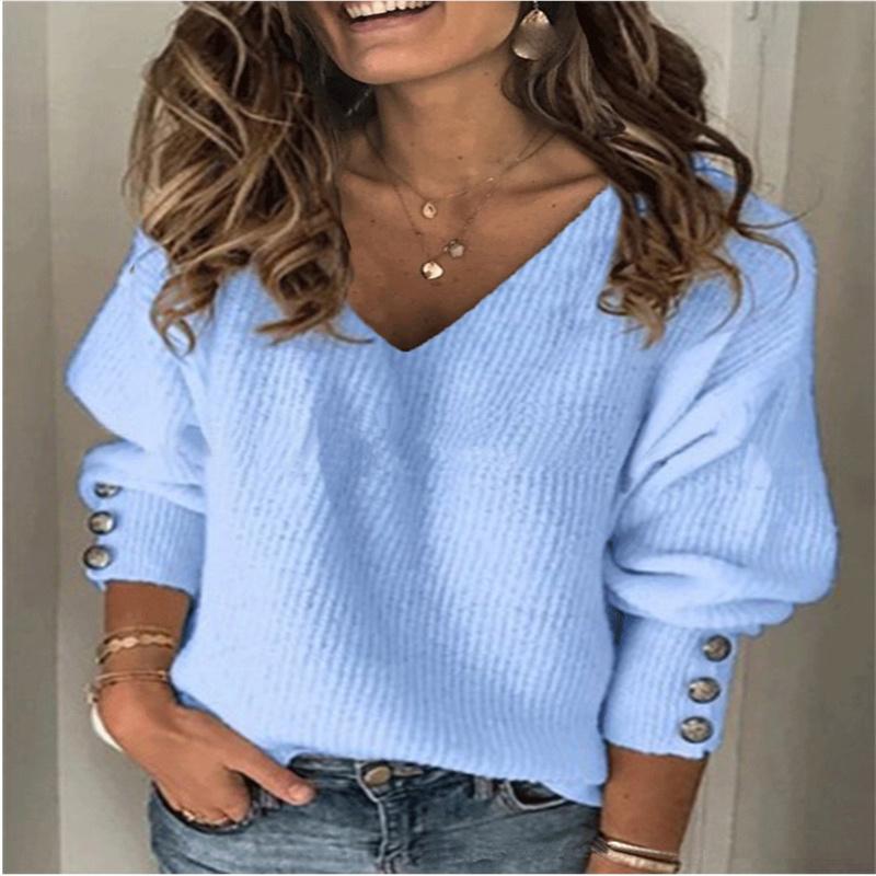 Open Neck Button Detail Cuffed Detail Pullover Sweater