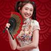 Vintage Feathered Pattern Handheld Fan Wood Folding Fan Vintage Folding Hand Fan for Women Weddings and Dance Parties