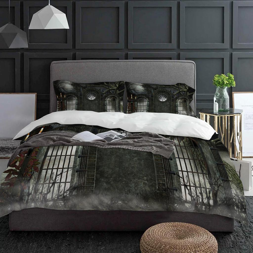 Gate Mystery Dark Halloween Horror Forest Bedding Set 3pcs Duvet Cover Pillowcase Quilt Cover Double Bed Set Home Textile