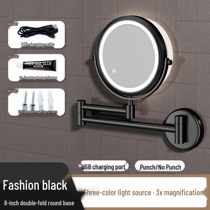 Wall-Mounted Foldable Vanity Mirror with Lights (Double-Sided, Punch-Free Installation) for Bathroom.