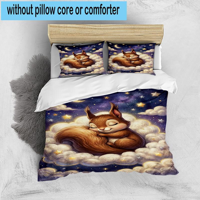 Squirrel Dreams Under Moonlight 3pcs Bedding,Including 1pc Duvet Cover And 2pcs Pillowcases Perfect for Christmas,Ideal for Bedroom, Dormitory