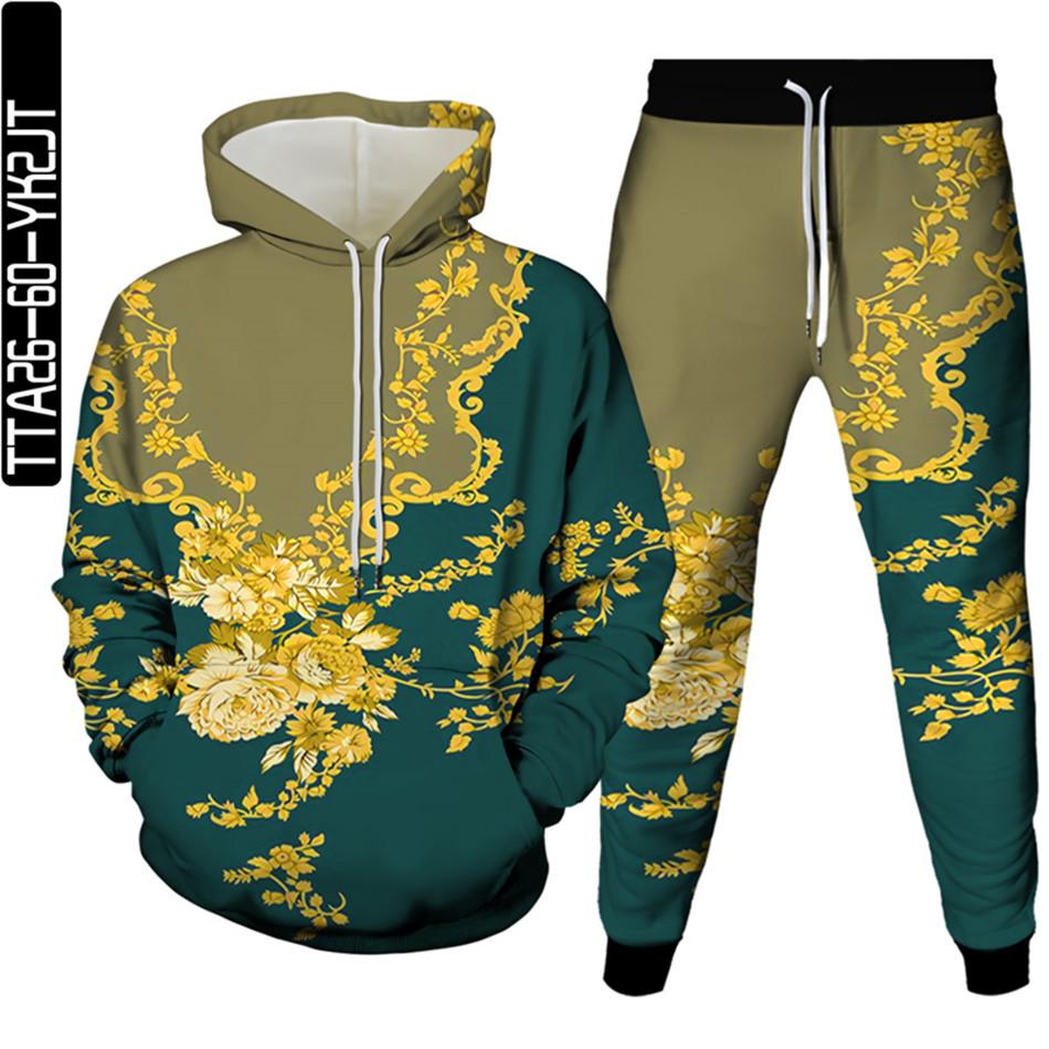 Golden Flowers Male Casual 3D Printed Clothes Sets Luxury Royal Harajuku Autumn Women Hoodies+Trousers 2Pcs Tracksuit Size S-6XL