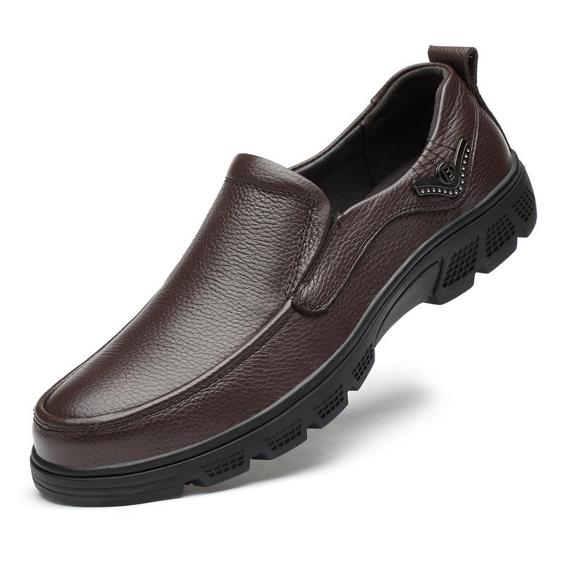 Spring and Autumn cowhide wide feet round head shallow mouth large size foot cover men's shoes outdoor casual leather shoes rubber non-slip sole