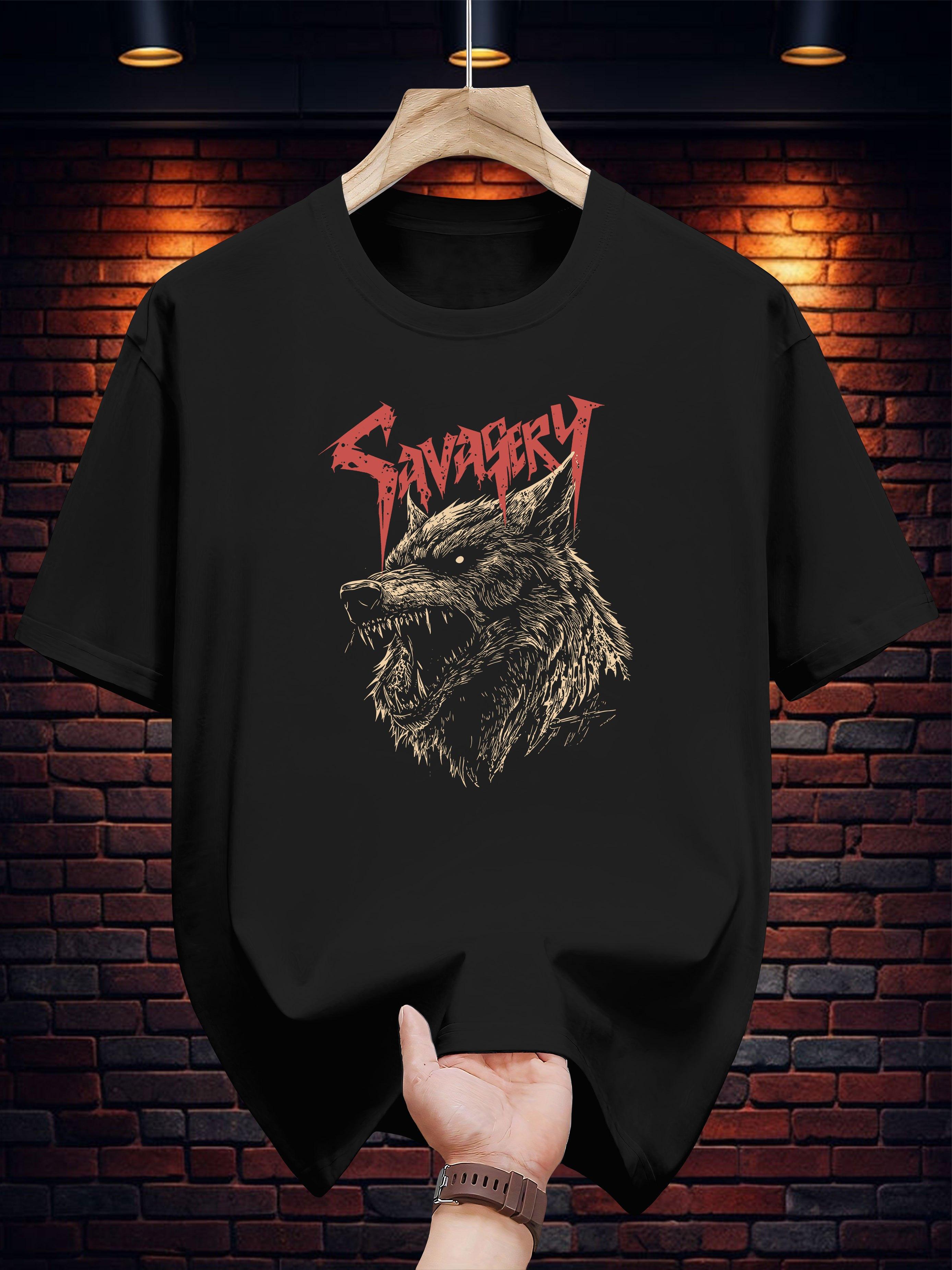 Graphic T-shirt - Navy Blue Wolf & Survival Print Casual Short Sleeve Tee XXL