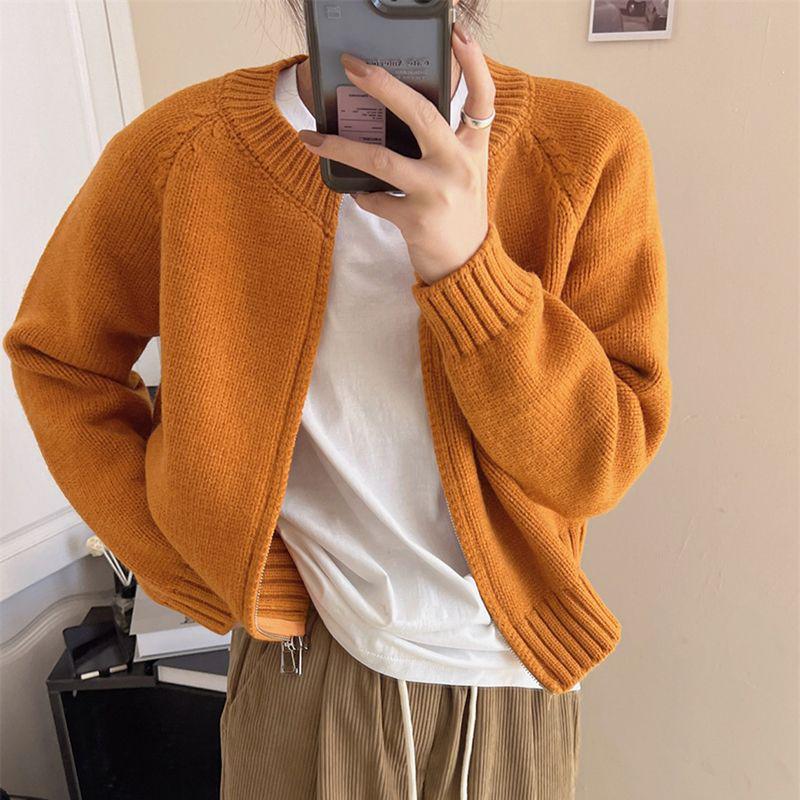 Avocado Green Double Zipper Knit Cardigan Sweater – Slimming, Versatile, Short Outerwear for Women