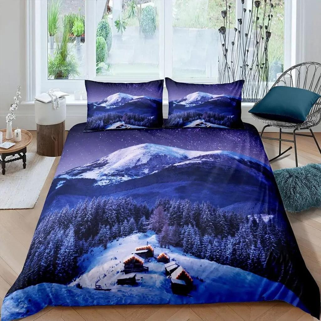 Soft with Soft Fabric Duvet Cover Set Stuning Snow-Caped Mountains Grazing Horses Design Perfect for Nature Lovers Soft Warm plus Breathable Quen